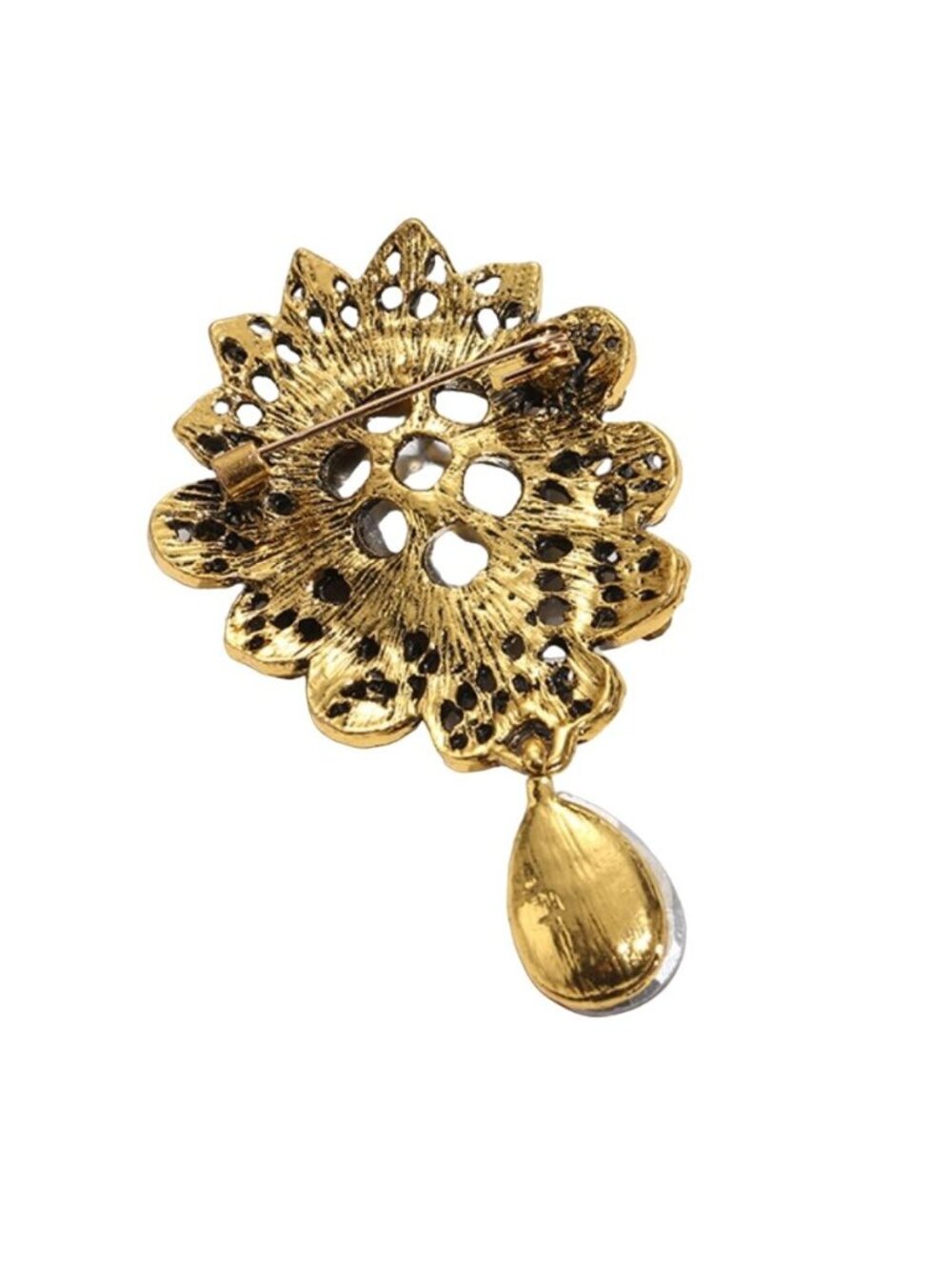 Brooch Red Glass Teardrop Dangle with A/B Iridescent Crystals Gold Tone - Picture 2 of 2